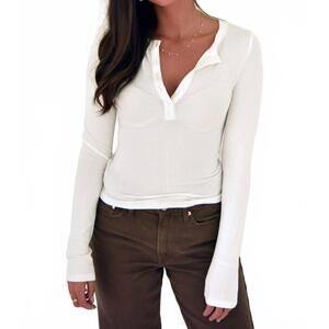 NEW BEIGE BOTANY ribbed henley basic top in white